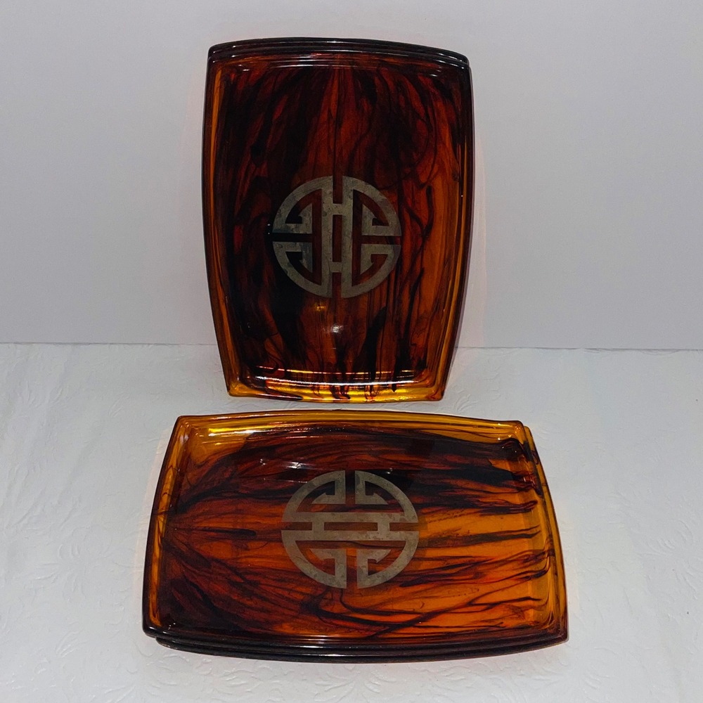Vtg MCM Faux Tortoiseshell Lucite Acrylic Trays Set of 4 Asian Shou Emblem 7x5